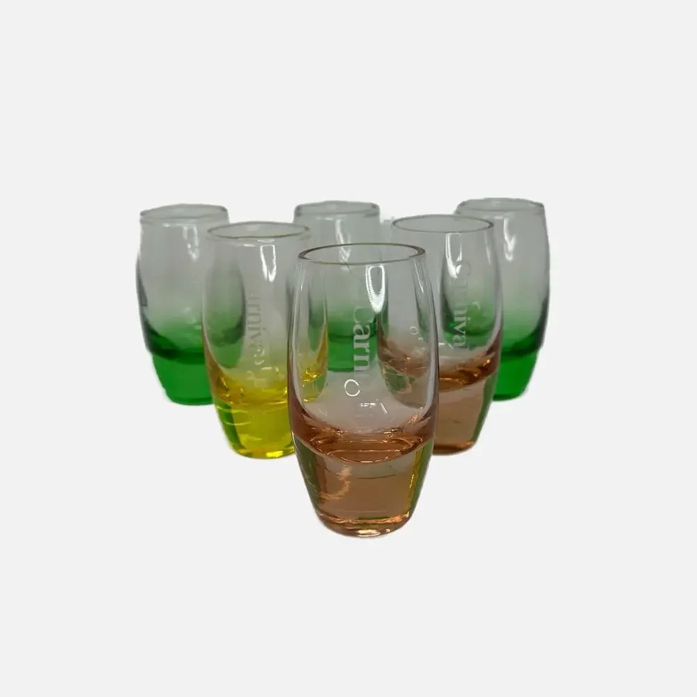 6 Carnival Cruise Multicolor 3.5” Shot Glasses - Yellow Green Peach/Amber